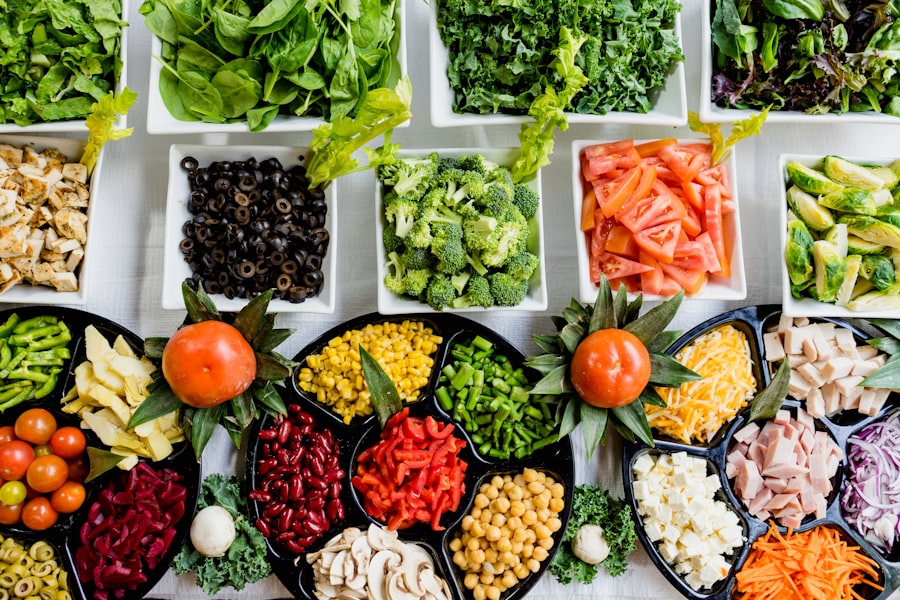 An assortment of prepared vegetables, beans, greens and cheese for building family meals