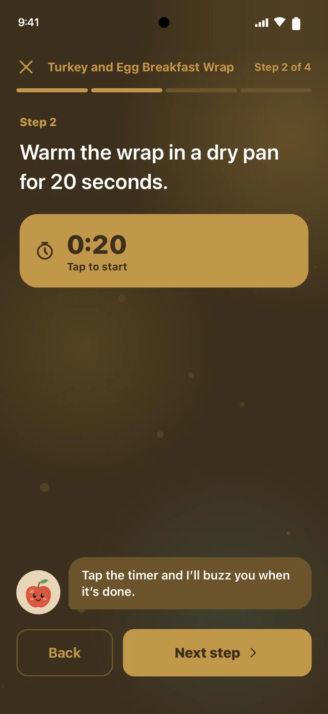 NutriPlan 3.0 cook mode with large recipe steps and a built-in cooking timer