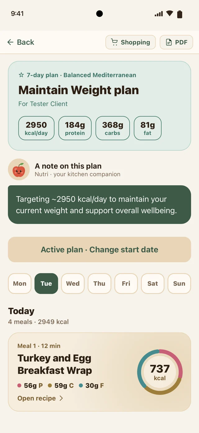 NutriPlan 3.0 meal plan with daily meals and nutrition breakdowns