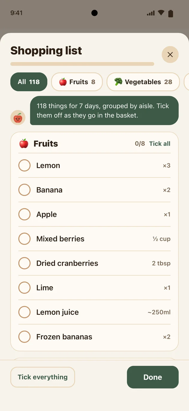 NutriPlan 3.0 shopping list grouped by grocery aisle with ingredient checkboxes